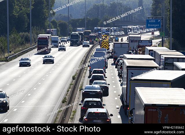 Illustration picture shows traffic congestion with lots of trucks and cars after an accident with a truck at the Drongen exit of the E40 highway, in Drongen