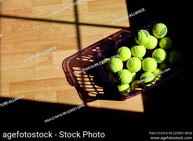 14 April 2021, Saxony, Limbach-Oberfrohna: A basket of tennis balls stands on the parquet floor in the gym ""fit"", closed due to the Corona pandemic