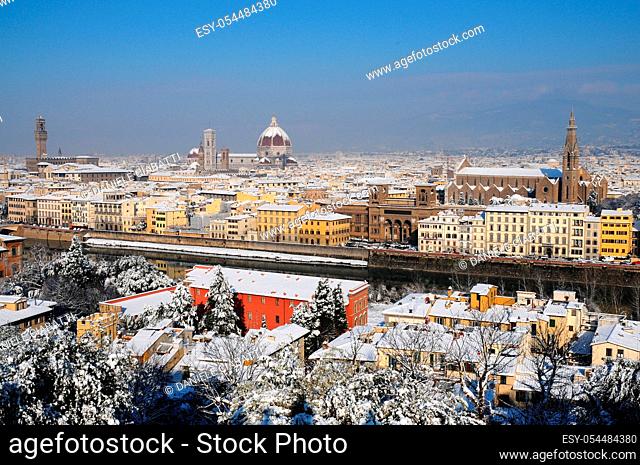 Panorama of Florence with Snow in Winter, Florence, Tuscany, Italy