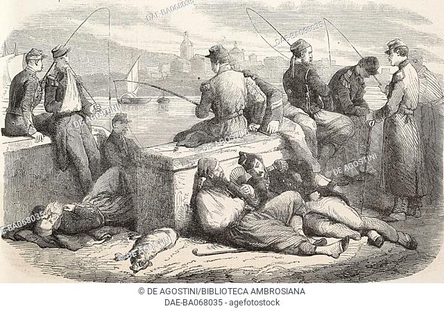 French wounded soldiers fishing in Lake Como, Italy, illustration by A Bachelin from the magazine L'Illustration, Journal Universel, vol 34, no 865
