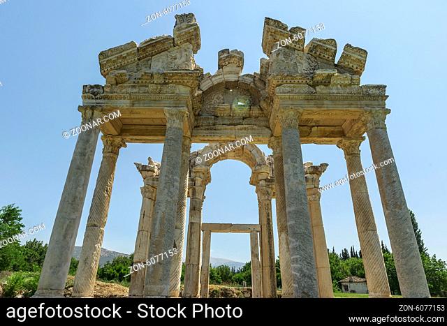 Famous ruin landmark in the Aphrodisias amphitheater in Turkey. Green spring landscape