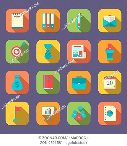Illustration modern flat icons of web design objects, business, office and marketing items, long shadow style -