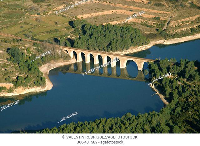 Train bridge over Embalse del Regajo. Valencia province. Spain