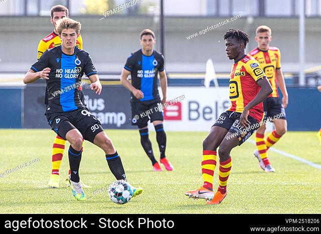 Club's Charles De Ketelaere and Mechelen's Issa Kabore fight for the ball during a friendly soccer game between Club Brugge KV and KV Mechelen