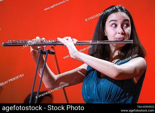 RUSSIA, MOSCOW - DECEMBER 5, 2023: Flutist Elen Virabyan performs during the opening of the 24th Nutcracker International Television Contest for Young Musicians...