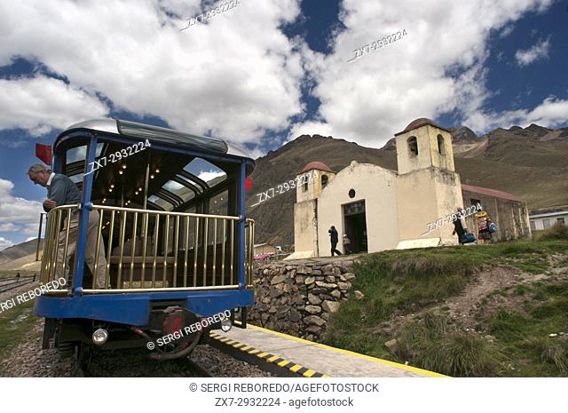 Church in La Raya pass, Puno, Peru. Andean Explorer, luxury train from Cusco to Puno. In half the distance the train makes a stop along the way at a place...