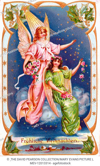 Angels with pink roses on a German Christmas postcard