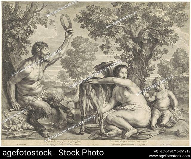 Jupiter as a child fed with milk from the goat Amalthea, The goat Amalthea is milked by a nymph for the little Jupiter. He sits on the right as a naked child on...