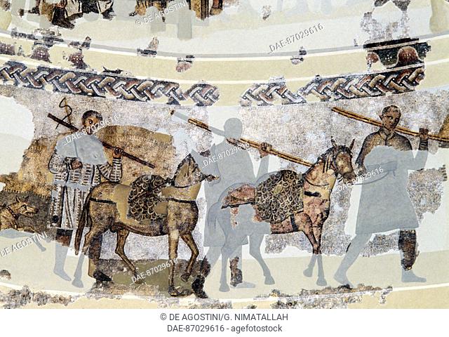 Men and horses, mosaic in the dome of Centcelles Roman villa and mausoleum, near Constanti, Tarraco (UNESCO World Heritage List, 2000), Tarragona, Catalonia
