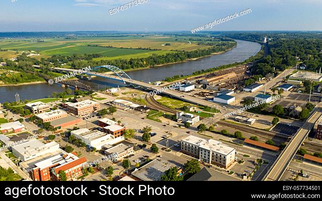 Aerial view over downtown city center of Atchison Kansas in mid morning light
