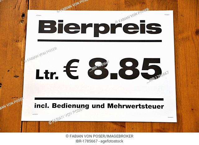 Price poster, 8.85 euro for a litre of beer, Oktoberfest 2010, Munich, Bavaria, Germany, Europe