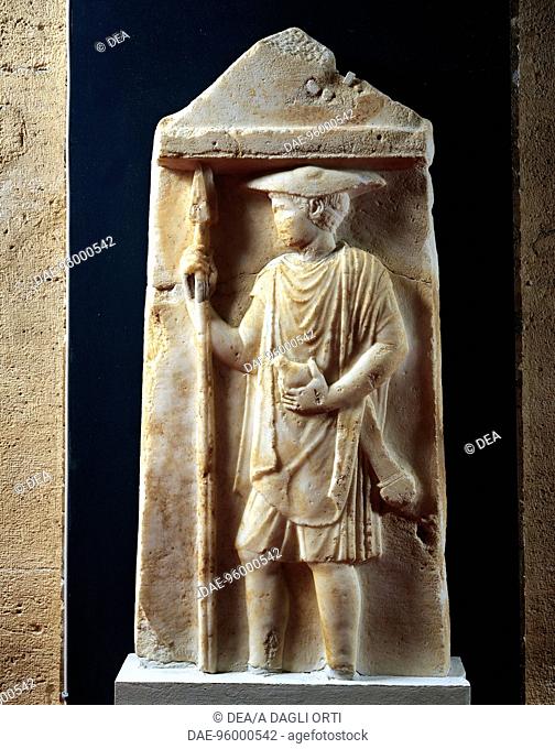Relief depicting a hoplite, funerary stele in marble unearthed in the mound of the Tomb of Philip II at Vergina, Greece. Greek civilization, 5th Century BC