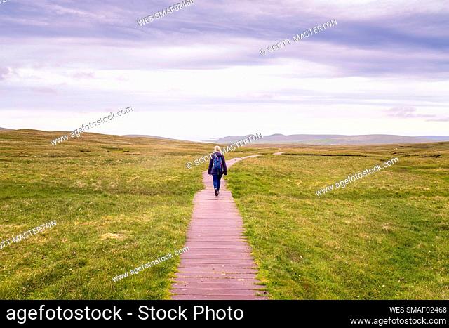 UK, Scotland, Unst, Female hiker walking along boardwalk in Hermaness National Nature Reserve