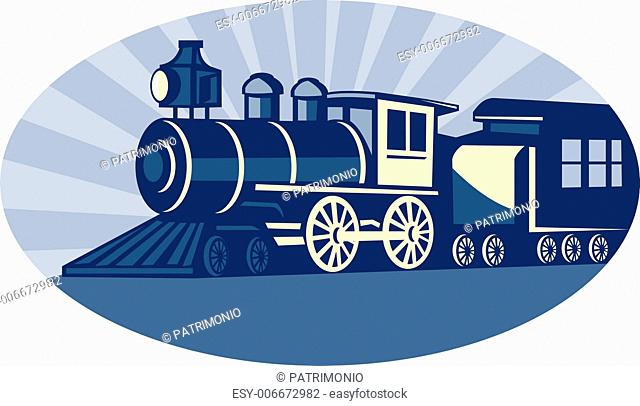 illustration of a Steam train or locomotive side view set inside an oval
