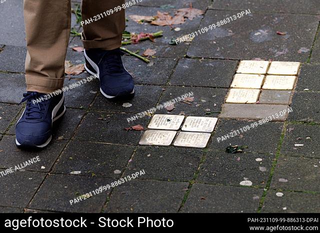 09 November 2023, North Rhine-Westphalia, Bielefeld: Stumbling stones can be seen on a sidewalk. On the night of the pogrom on November 9, 1938, Jewish stores