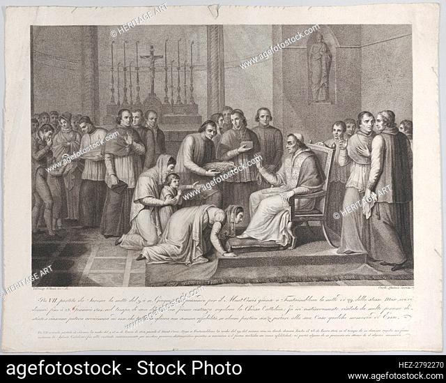 A woman kneels to kiss the foot of Pope Pius VII, with a crowd behind her at left, 1814-50. Creators: Carlo Lasinio, Vincenzo de Bonis