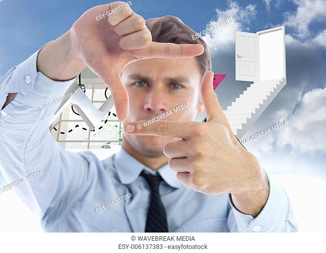 Composite image of businessman making frame with hands