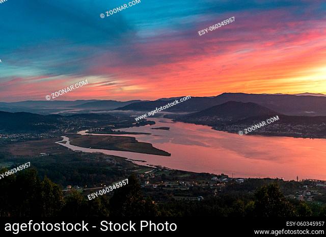 A panorama of the Minho River and Estuary seen from Monte Santa Trega at sunrise