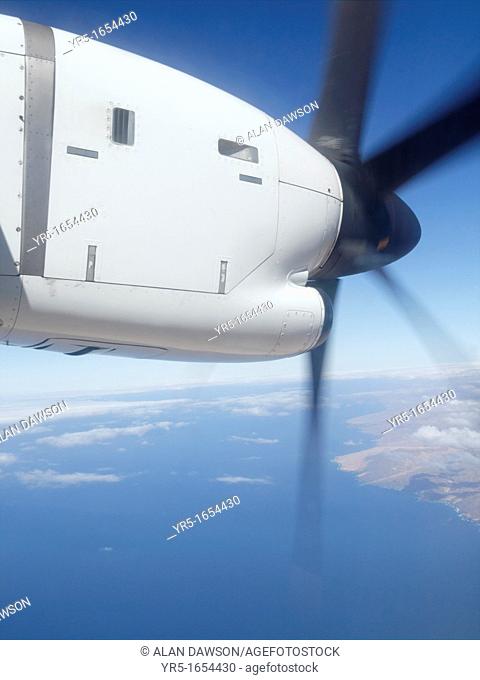 View from window seat of BinterCanarias flight as plane approaches Fuerteventura from Las Palmas  Canary Islands, Spain