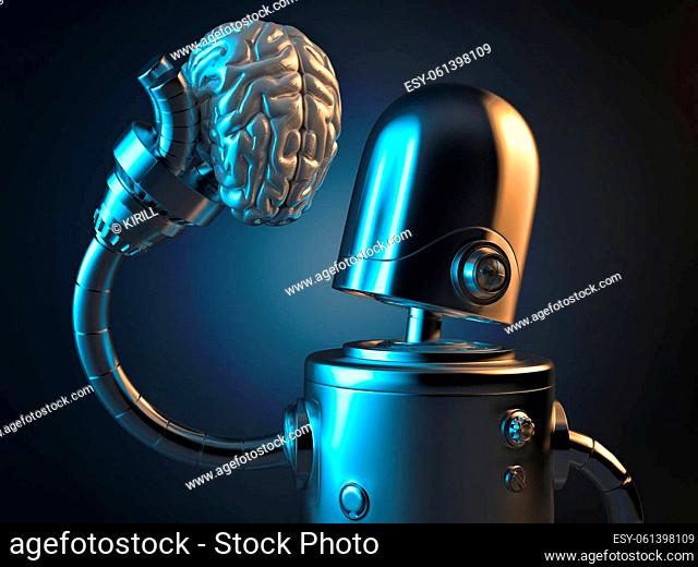 Robot holds a human brain in his hand. 3D illustration