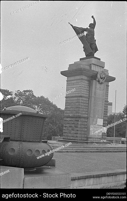 ***AUGUST, 1968 FILE PHOTO***Red Army Soldier statue by Vincenc Makovsky with anti war posters during the Warsaw Pact invasion of Czechoslovakia
