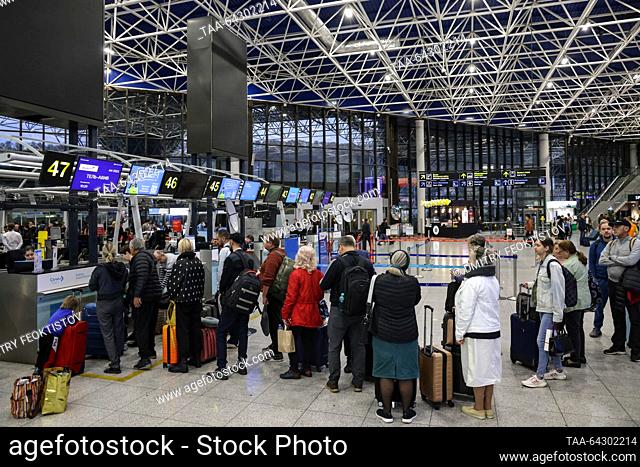 RUSSIA, SOCHI - NOVEMBER 2, 2023: Travellers queue to check in for a flight to Tel Aviv at Sochi International Airport named after Soviet cosmonaut Vitaly...