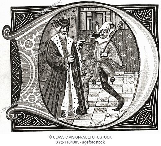 King and Jester, early 15th century  From the book Short History of the English People by J R  Green, published London 1893
