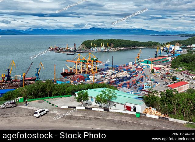 PETROPAVLOVSK-KAMCHATSKY, KAMCHATKA, RUSSIA - JULY 08, 2013: View on city Petropavlovsk-Kamchatsky and commercial seaport