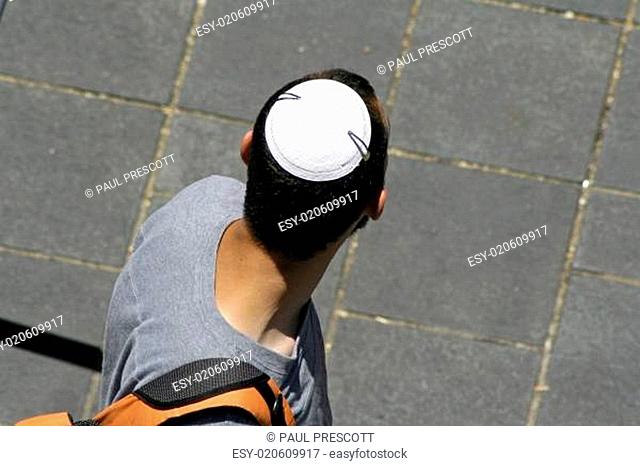 man wearing jewish kippa, jerusalem, israel