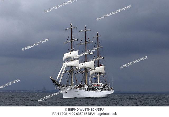 The Polish tall ship ""Dar Mlodziezy"" photographed during the squadron trip of the Hanse Sail on the Baltic Sea off Warnemunde, Germany, 12 August 2017