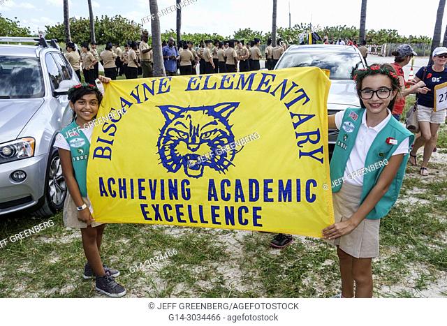 Florida, Miami Beach, Veterans Day, parade staging area, Biscayne Elementary School, banner, Hispanic, girl, student, girl scout