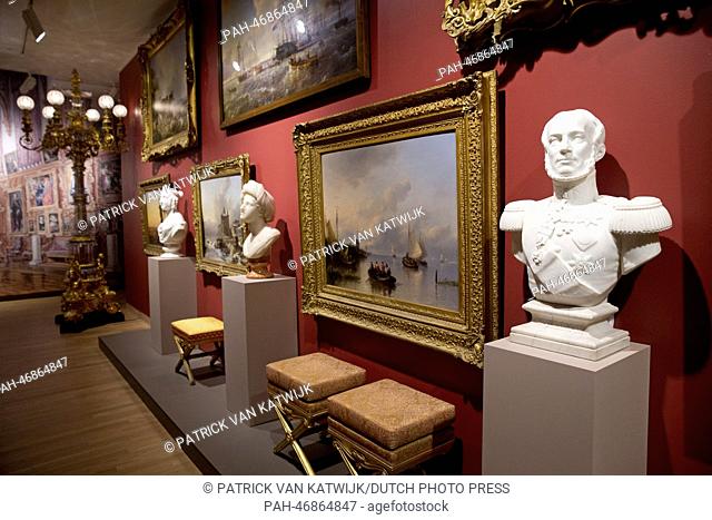 A bust of King Willem II of the Netherlands (R) is on display during the opening of the art exhibition 'Willem II - Art King' at the museum in Dordrecht