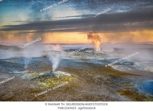 Geothermal hot springs, mud pots and fumaroles, Namaskard close to Lake Myvatn, Northern, Iceland