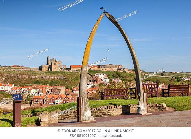 Whalebone Arch, Whitby, North Yorkshire, England, UK. The bones are from a bowhead whale, and were acquired by Whitby from one of its twin towns