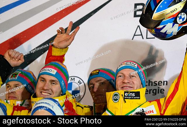 22 January 2023, Saxony, Altenberg: Bobsleigh: European Championship/World Cup, four-man bobsleigh, men, 2nd run at SachsenEnergie-Eiskanal Altenberg