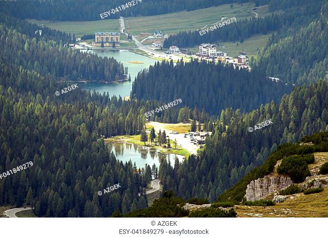 A view of the valley with lago misurina and lago Antorno Dolomites, Italy