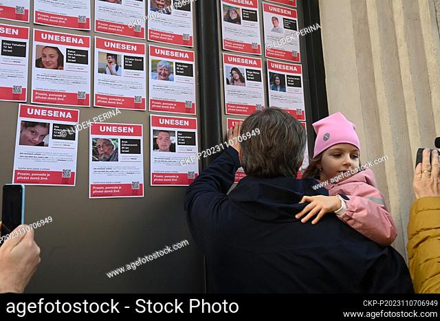 Public display of posters with portraits of people kidnapped by the terrorist group Hamas in front of the Museum of Modern Art in Olomouc, Czech Republic