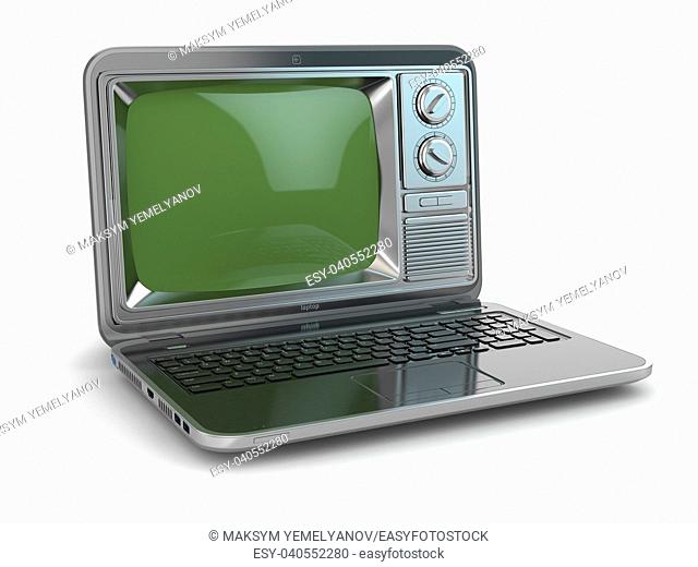 Online tv. Laptop with old-fashioned tv screen. 3d