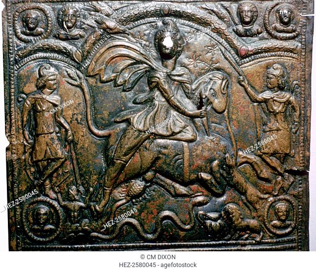 Bronze Roman relief of Mithras killing a bull from Hungary. Mithras was a particularly favoured god of soldiers. From the National Museum's collection in...