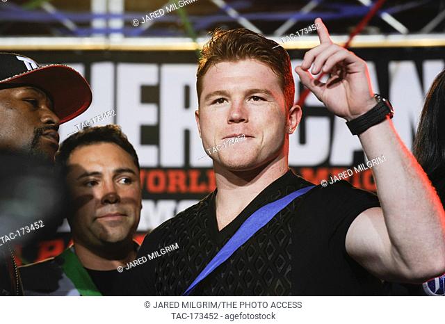 Boxers Floyd Mayweather Jr and Saul ""Canelo"" Alvarez at The ONE press confrence at L.A. Live on July 2, 2013 in Los Angeles, California