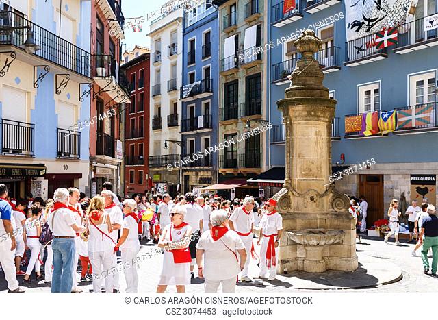 PAMPLONA, SPAIN - JULY 13, 2017: Water source of the Navarreria square, famous because people jump dangerously from above in the festivities of San Fermin
