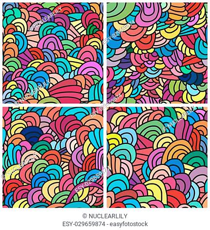 Set of four seamless patterns. Bright backgrounds with linear doodles, scales, diagonal waves, hand drawn graphics made with graphics tablet