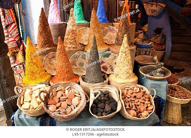 Street spice shop in Chaouen, Morocco, also known as 'The Blue Village' due to the pigment traditionally embedded in the plaster