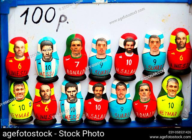 Russia, Moscow, June 8, 2018. Central market. Famous football players of the world in the form of Russian nested dolls