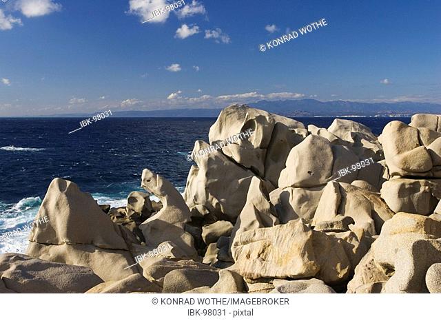 Rock formation at Capo Testa, Sardinia, view on Corsica, Italy
