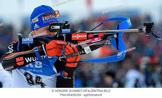 Simon Schempp of Germany at the shooting range during the zeroing prior to the men's 10 km sprint competition at the Biathlon World Championships