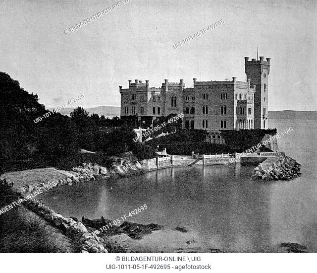 Early autotype of miramare palace or castello di miramare, then austria, now italy, 1880