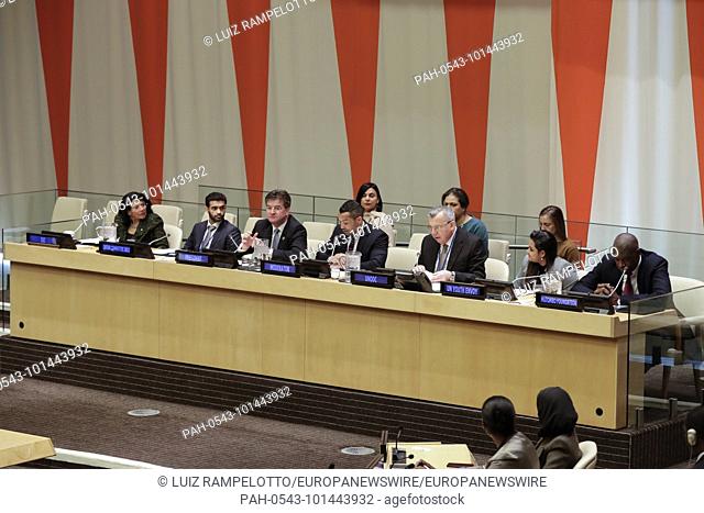 United Nations, New York, USA, April 09 2018 - Miroslav Lajcak, Sherwin Bryce-Pearce, Yury Fedotov, Jayathma Wickramanayake and Dikembe Mutombo During UNODC...