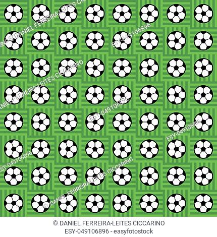 Conversational simple style soccer ball motif pattern in black and white colors over green filed background
