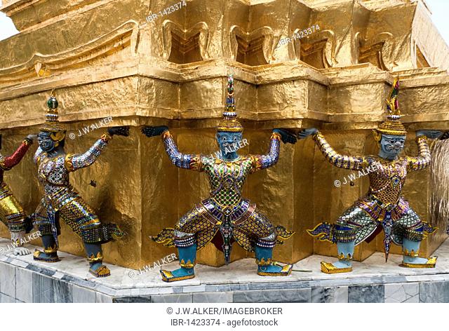 Golden Chedi, supported by twenty monkeys and demons, Wat Phra Kaew, Grand Palace, Bangkok, Thailand, Asia